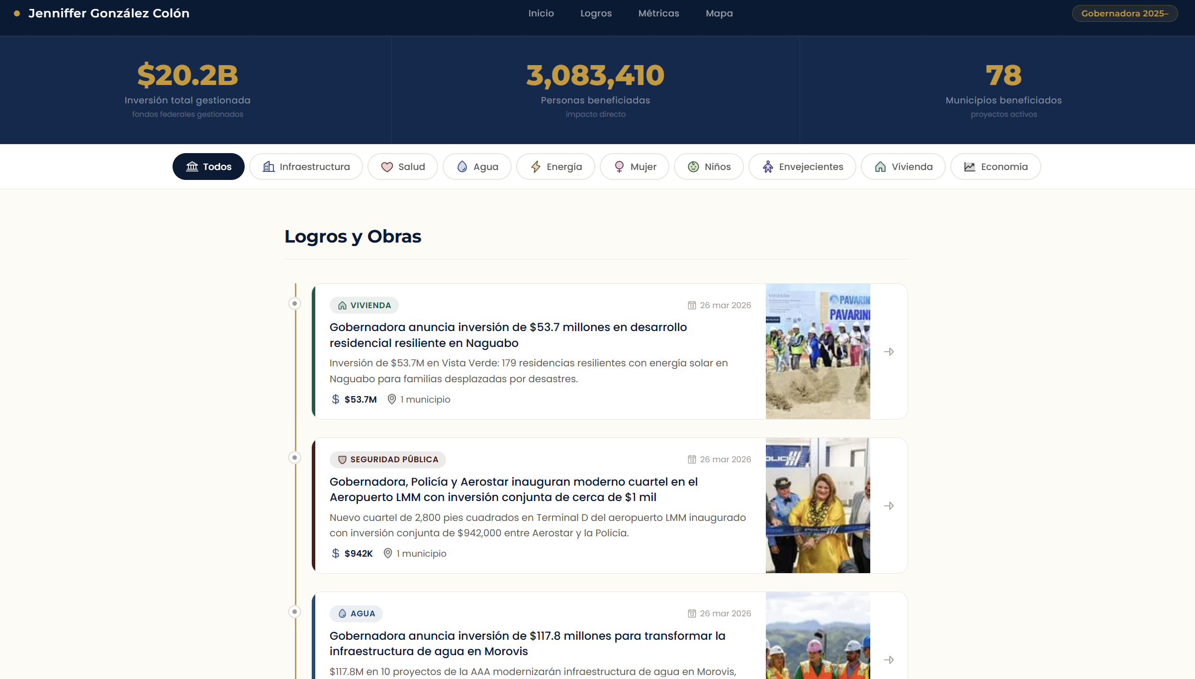 Portal público — Home con hero, estadísticas y timeline